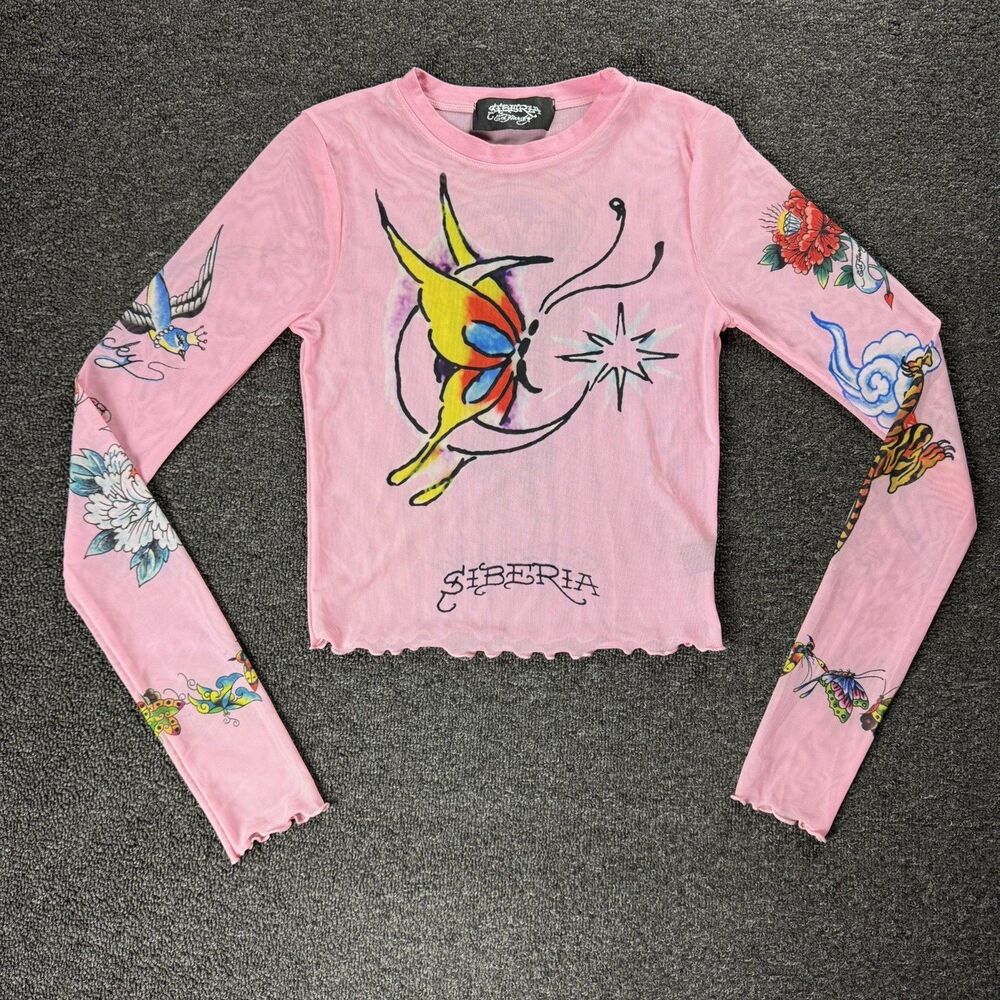 Ed Hardy X Siberia Halls Pink Mesh Tattoo Long Sleeve Top Size Sm Y2K Sheer